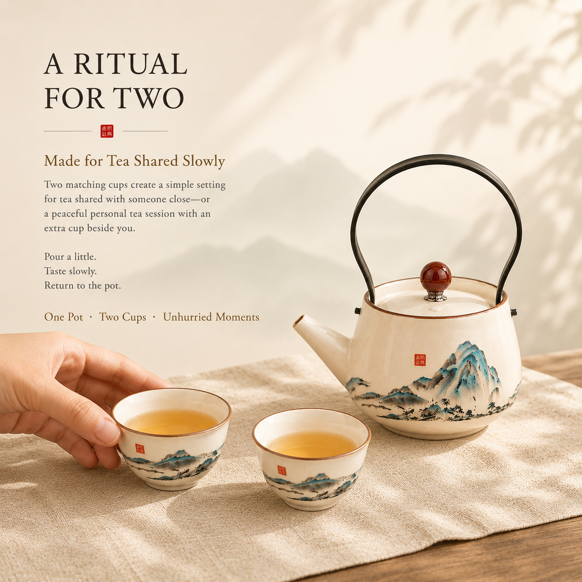 Mountain Landscape Ru Ware Tea Set – 1 Teapot & 2 Cups