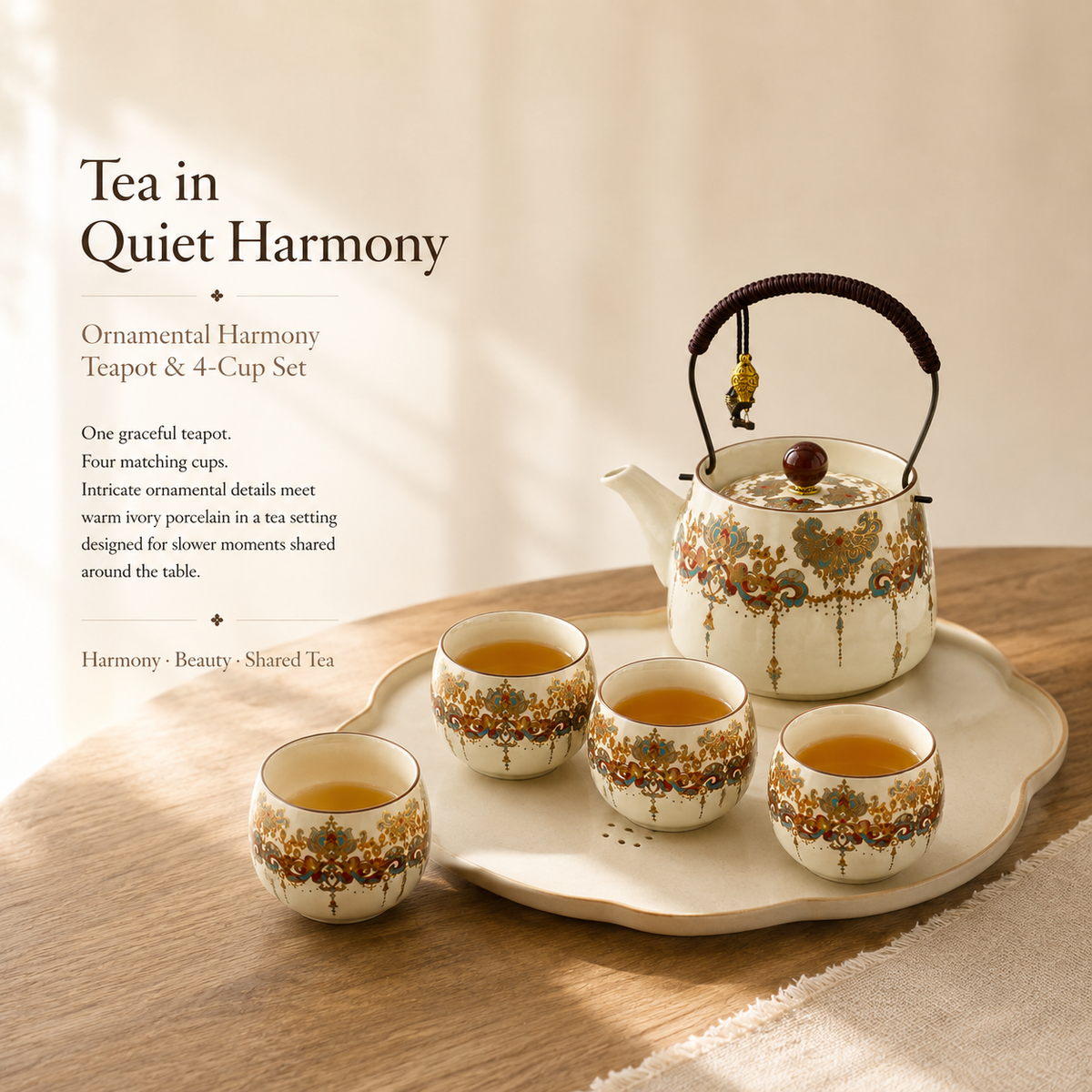 Eastern Brocade Ceramic Tea Set – Teapot, 4 Cups & Tray