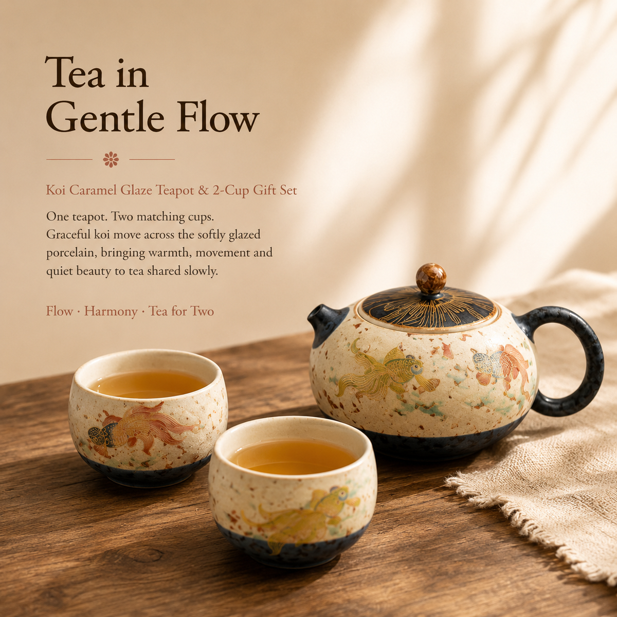 Koi Caramel Glaze Tea Set – 1 Teapot & 2 Cups