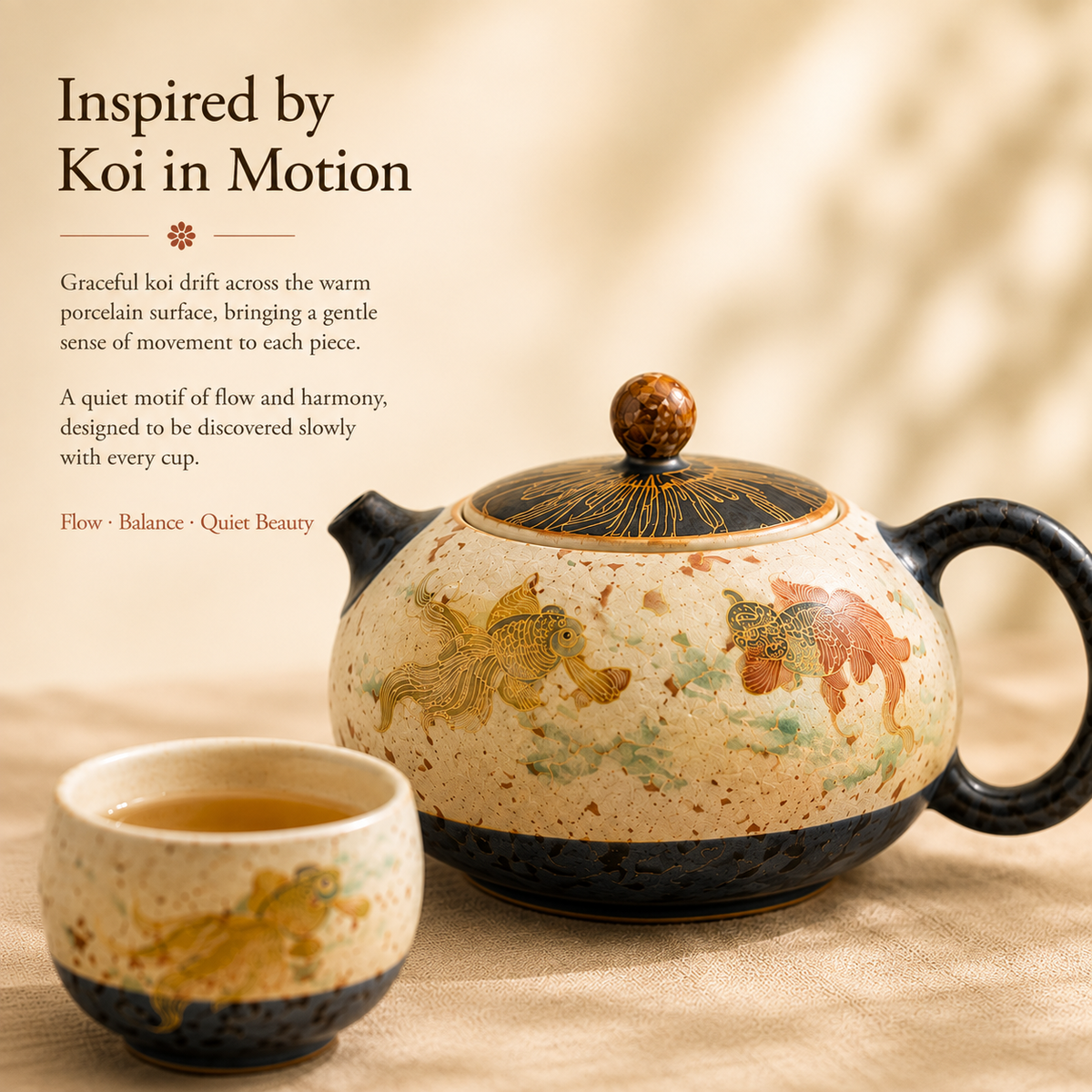 Koi Caramel Glaze Tea Set – 1 Teapot & 2 Cups