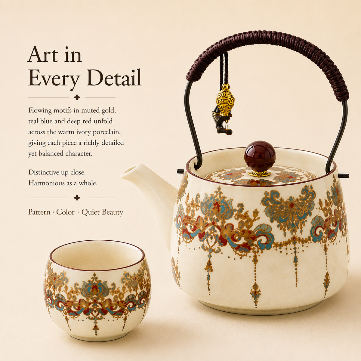Eastern Brocade Ceramic Tea Set – Teapot, 4 Cups & Tray
