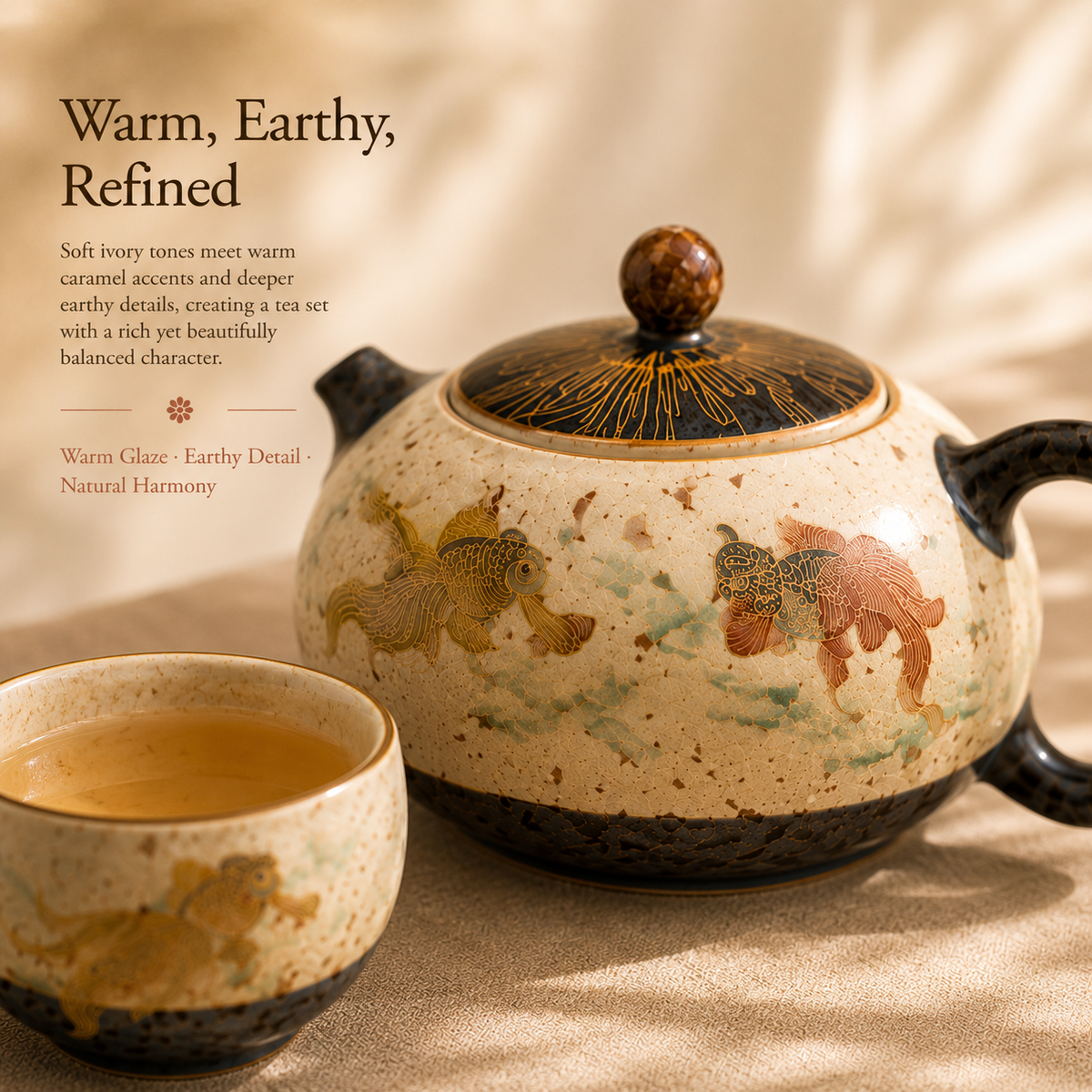Koi Caramel Glaze Tea Set – 1 Teapot & 2 Cups