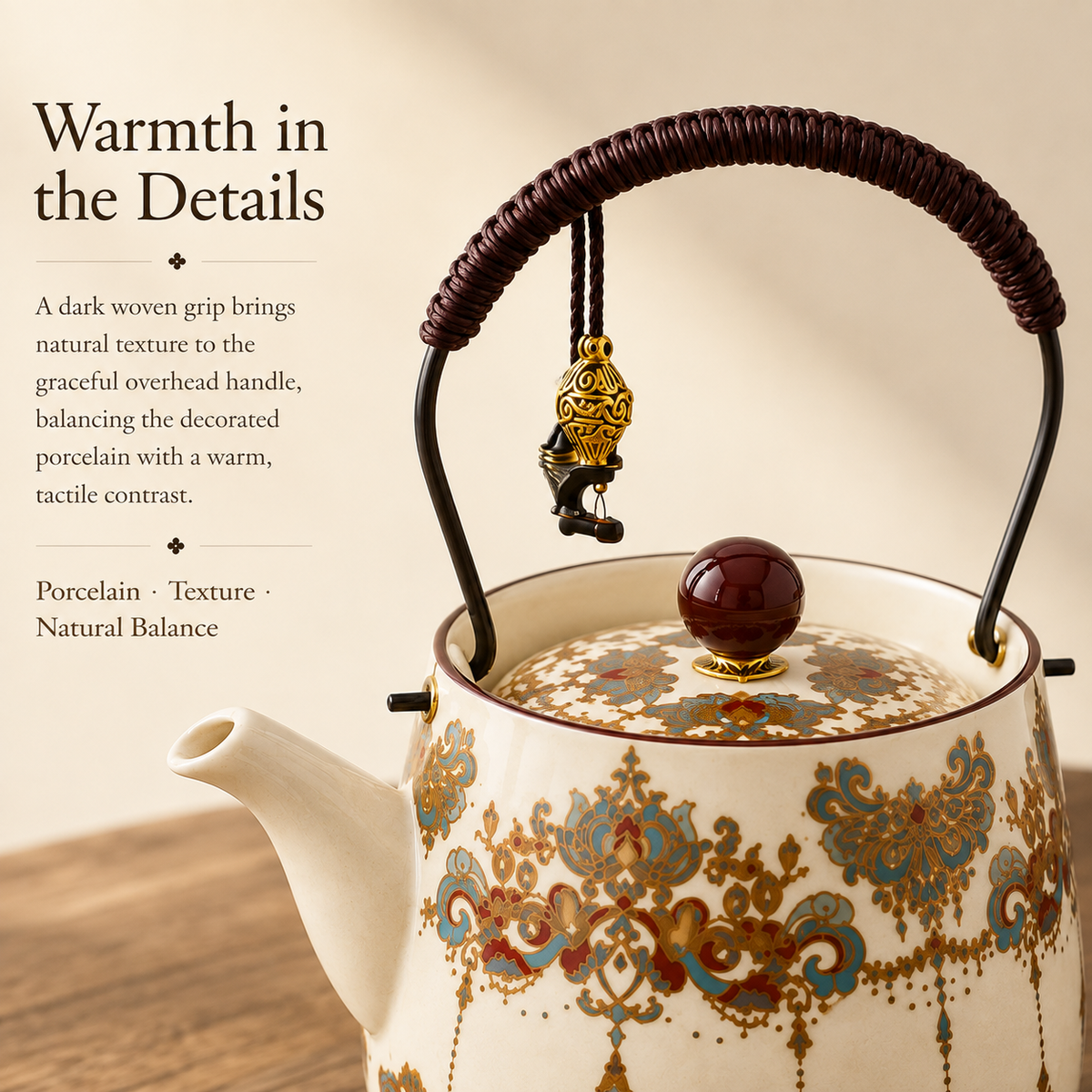 Eastern Brocade Ceramic Tea Set – Teapot, 4 Cups & Tray