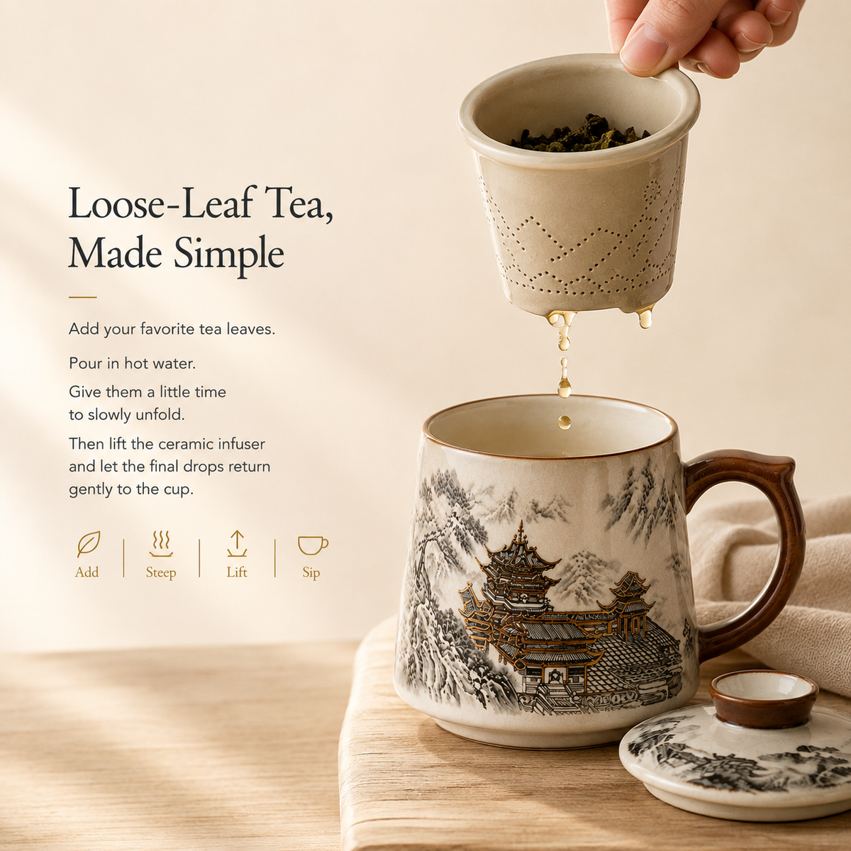 Tengwang Pavilion Ceramic Infuser Mug with Lid – 365 mL