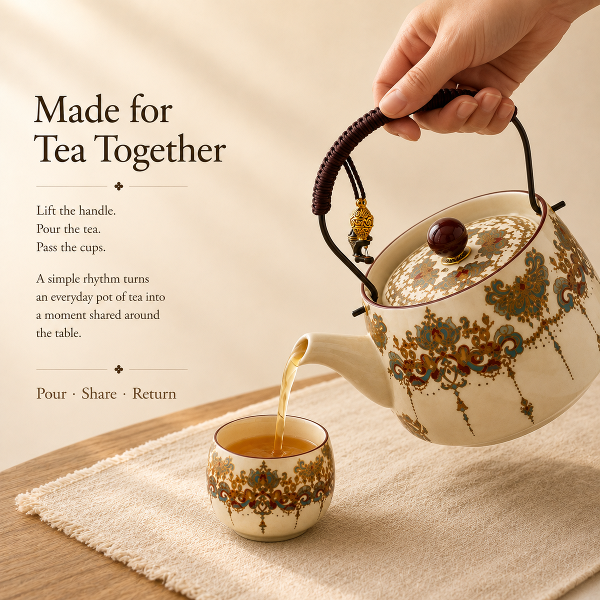Eastern Brocade Ceramic Tea Set – Teapot, 4 Cups & Tray