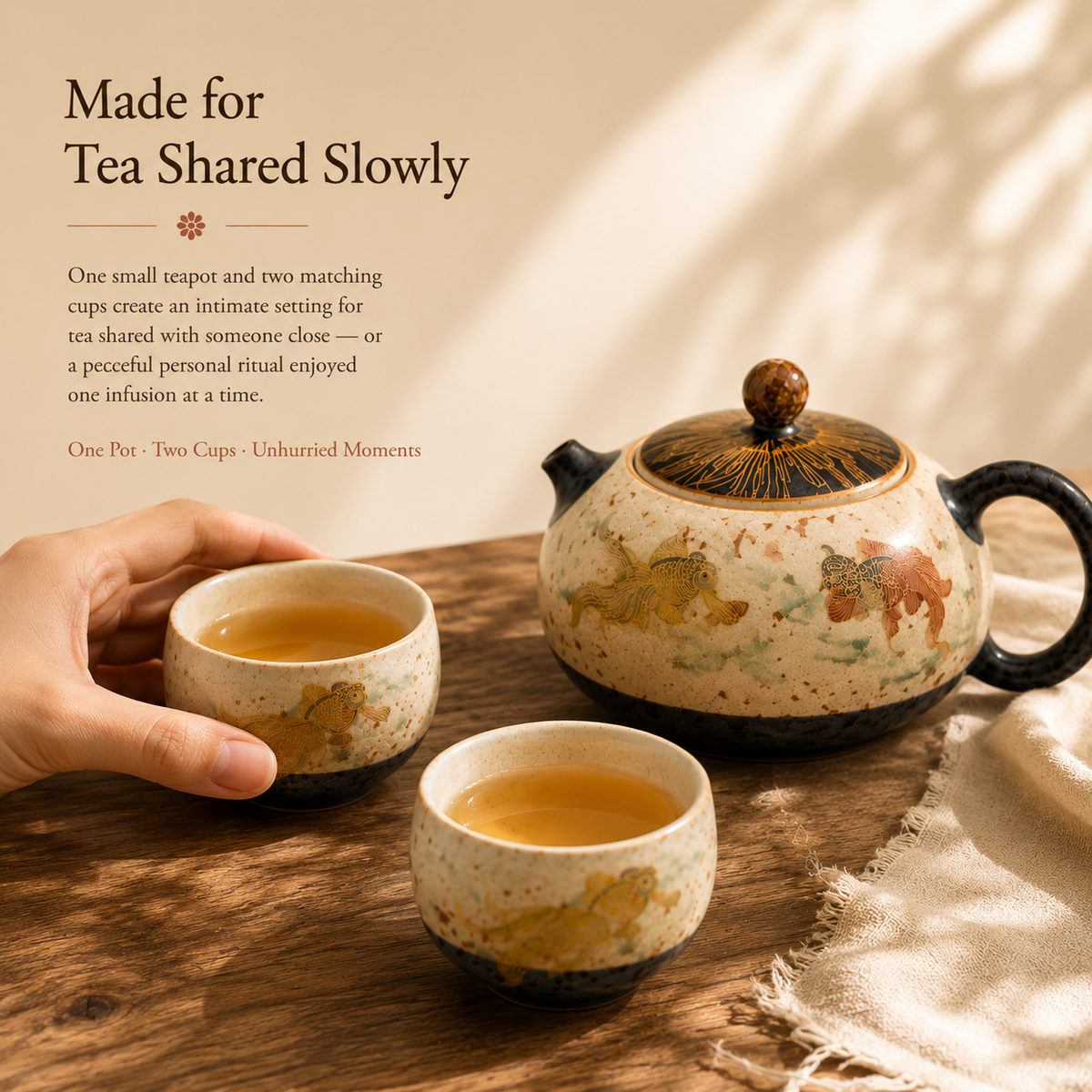 Koi Caramel Glaze Tea Set – 1 Teapot & 2 Cups