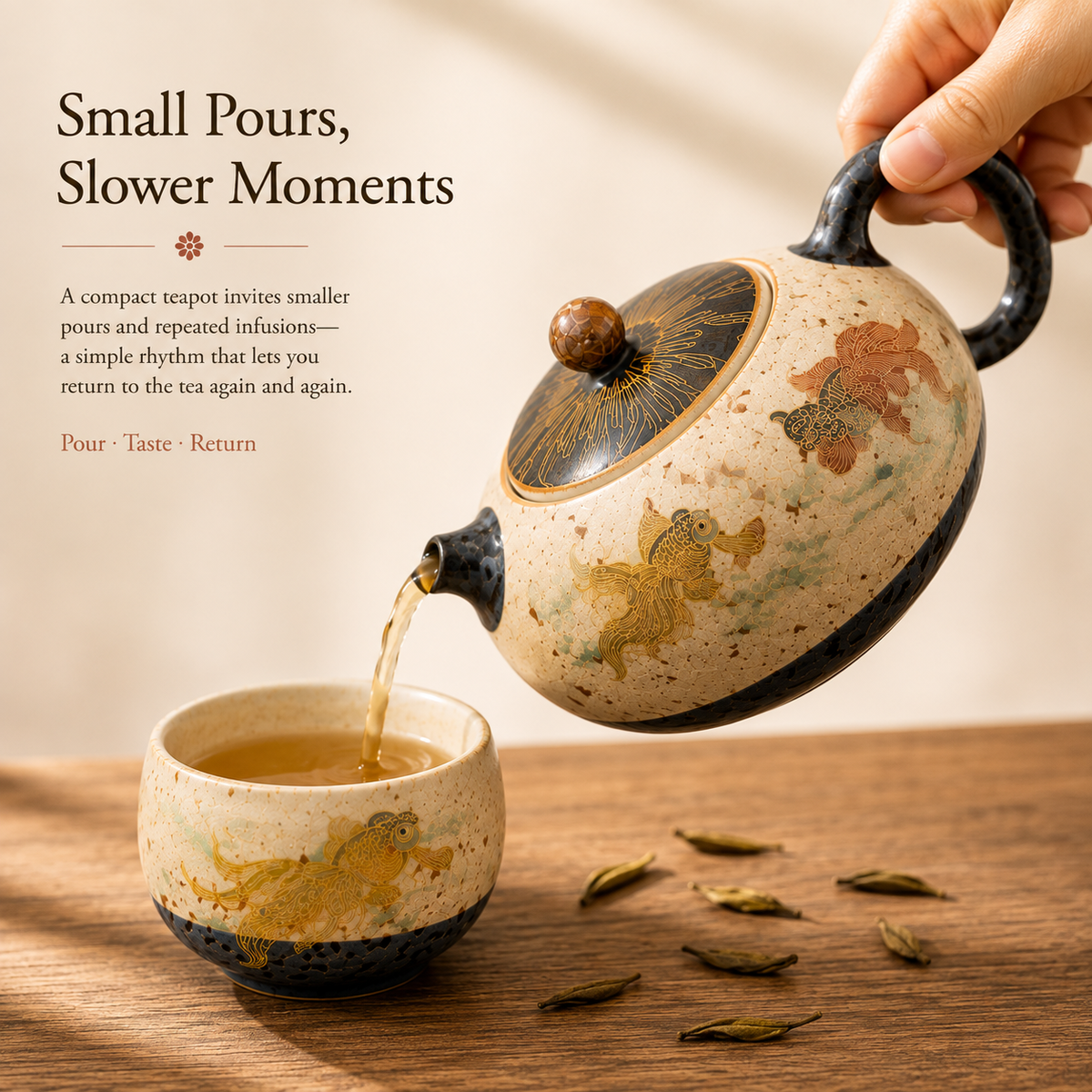 Koi Caramel Glaze Tea Set – 1 Teapot & 2 Cups