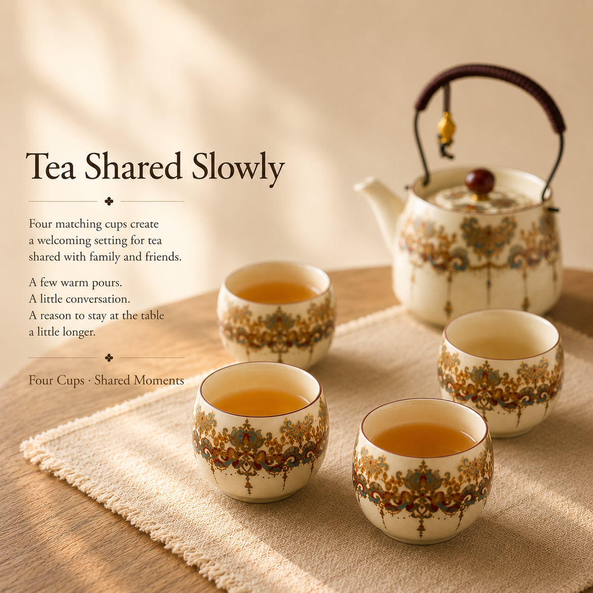Eastern Brocade Ceramic Tea Set – Teapot, 4 Cups & Tray
