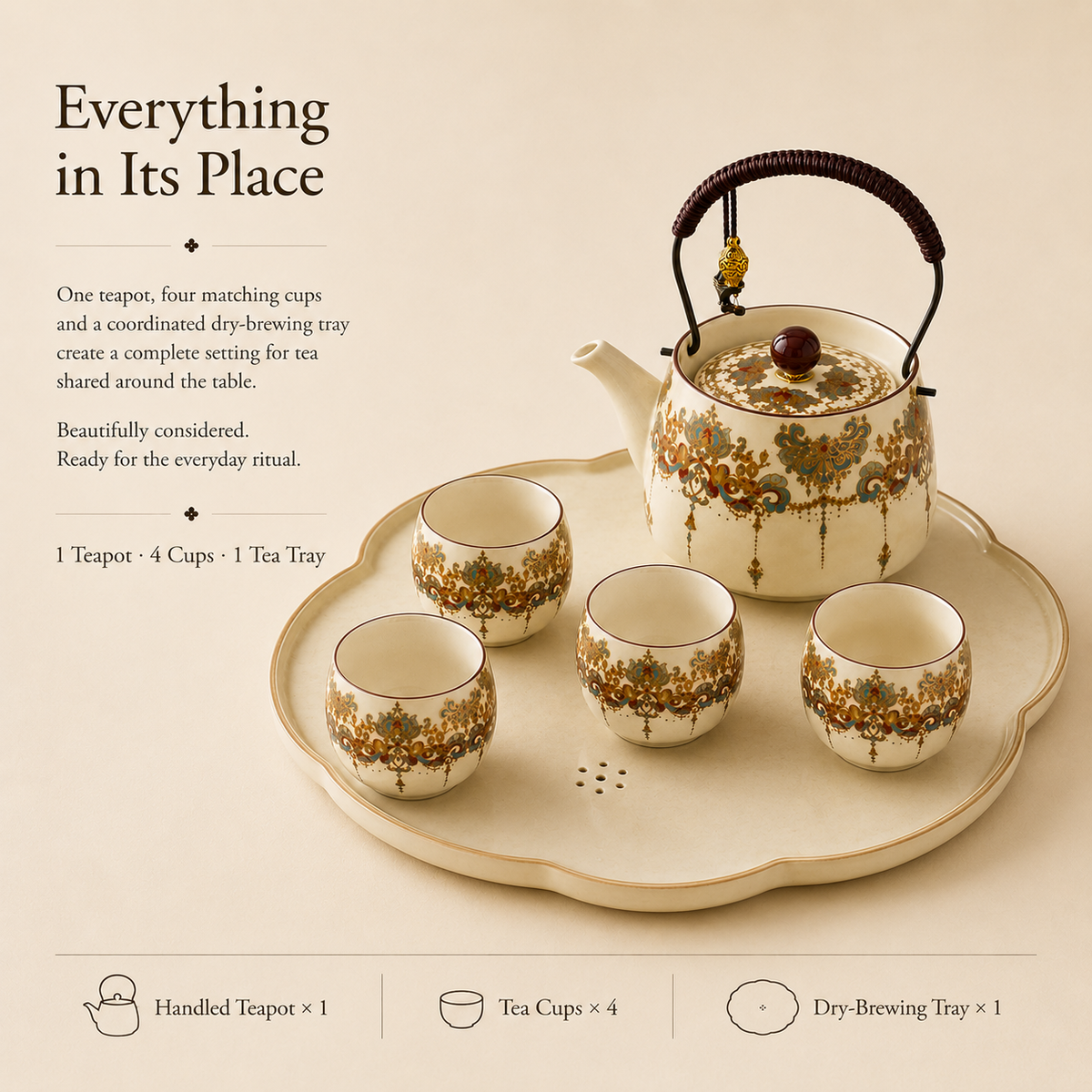 Eastern Brocade Ceramic Tea Set – Teapot, 4 Cups & Tray