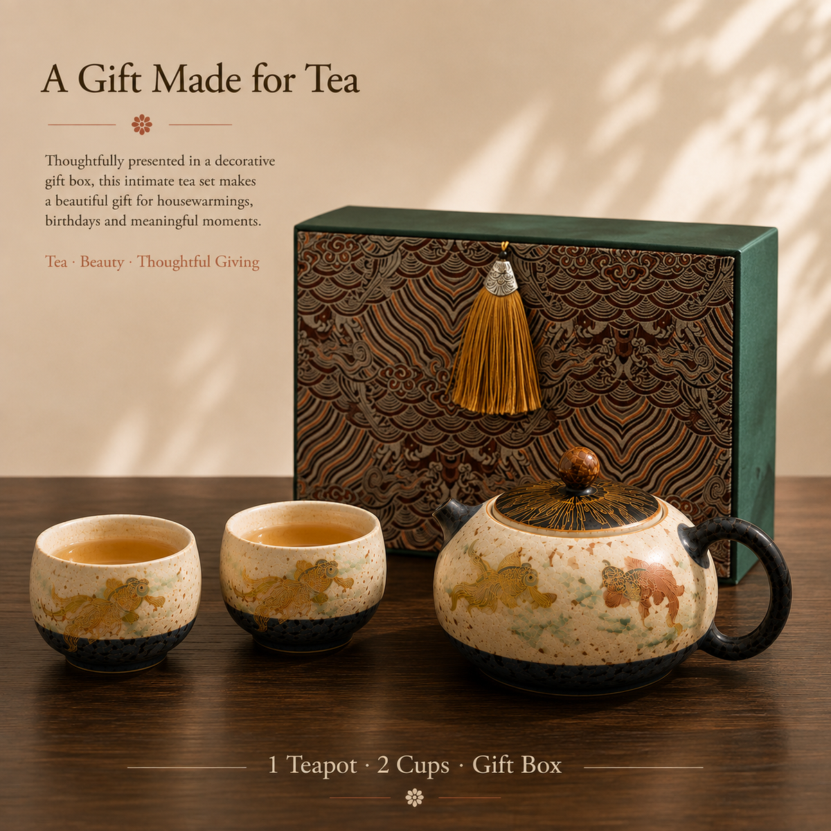 Koi Caramel Glaze Tea Set – 1 Teapot & 2 Cups