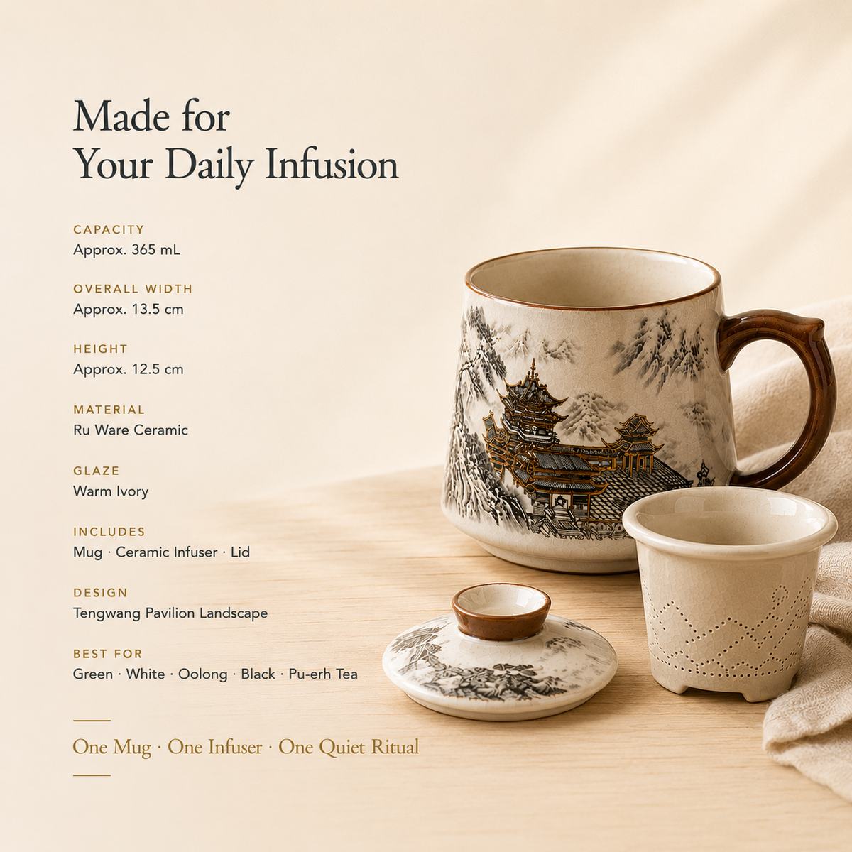 Tengwang Pavilion Ceramic Infuser Mug with Lid – 365 mL