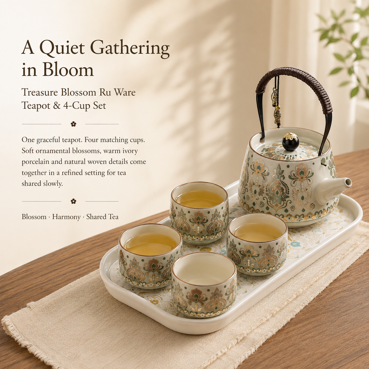 Eastern Garden Ceramic Tea Set – Teapot, 4 Cups & Tray