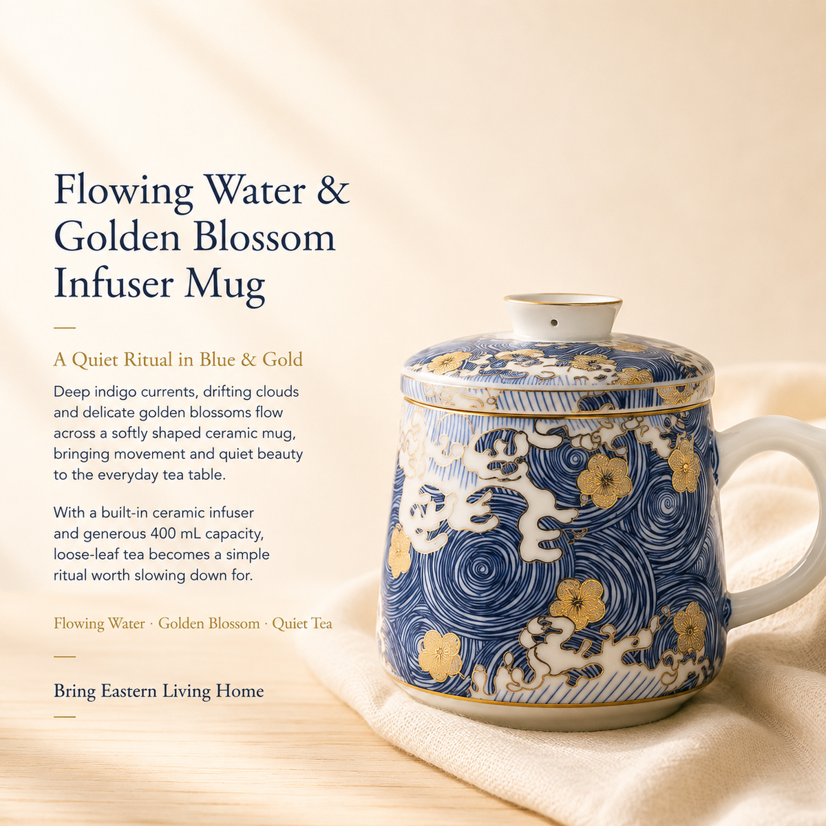 Flowing Water & Blossom Ceramic Infuser Mug – 400 mL