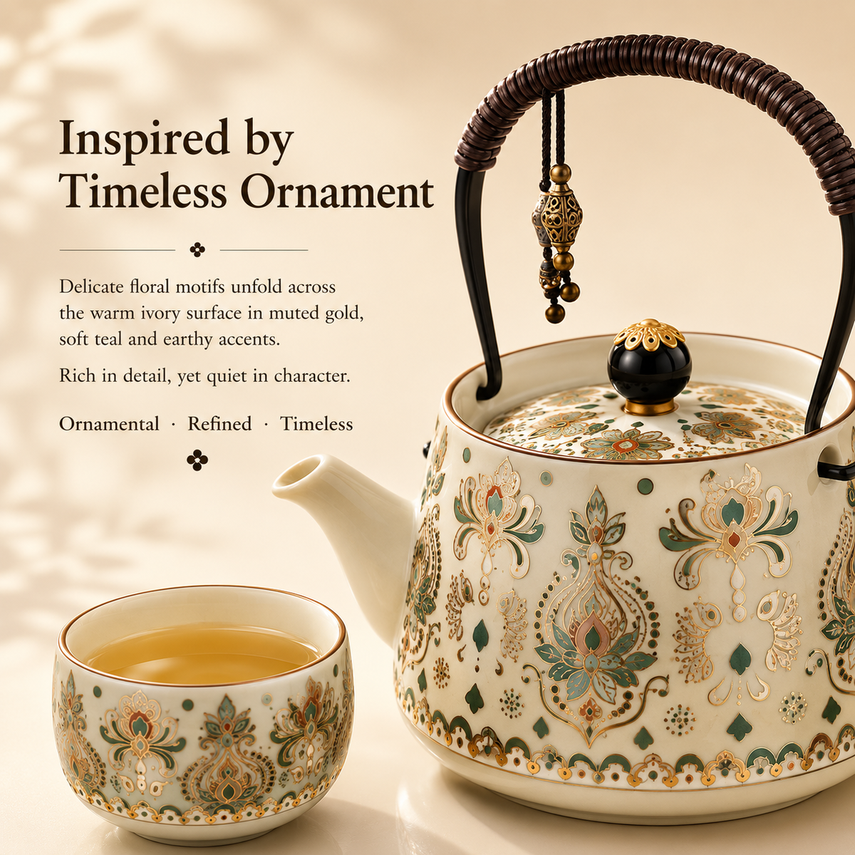 Eastern Garden Ceramic Tea Set – Teapot, 4 Cups & Tray
