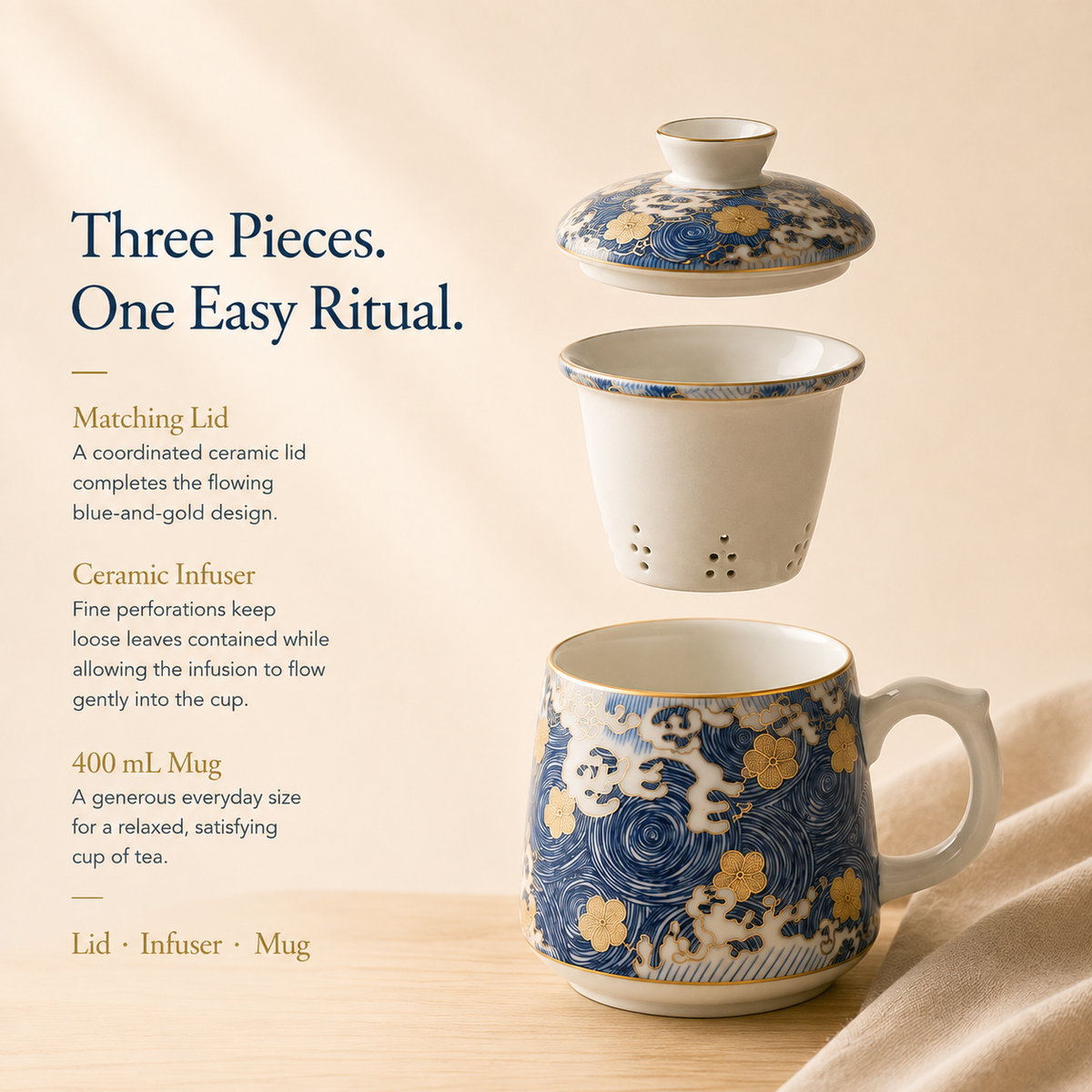 Flowing Water & Blossom Ceramic Infuser Mug – 400 mL