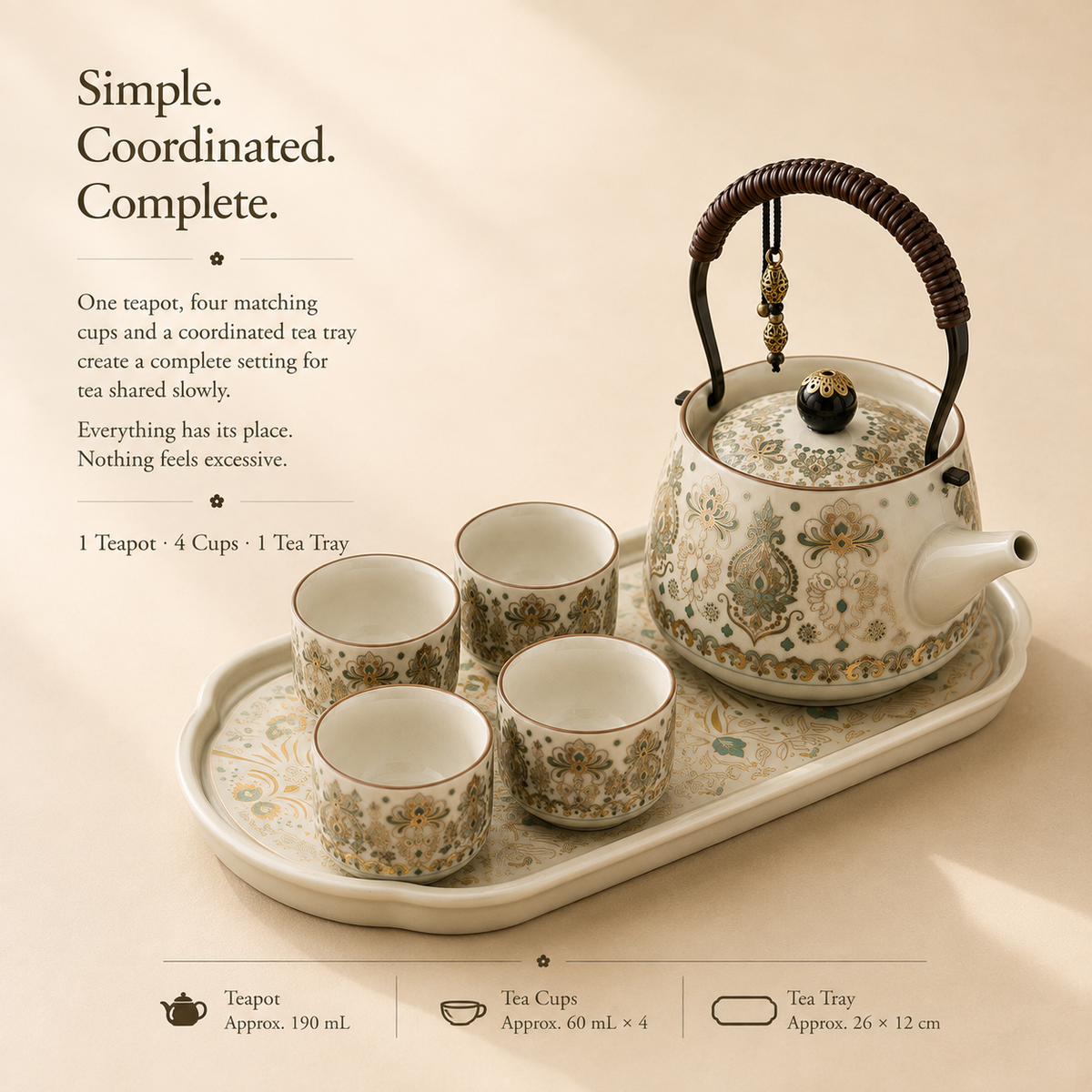 Eastern Garden Ceramic Tea Set – Teapot, 4 Cups & Tray