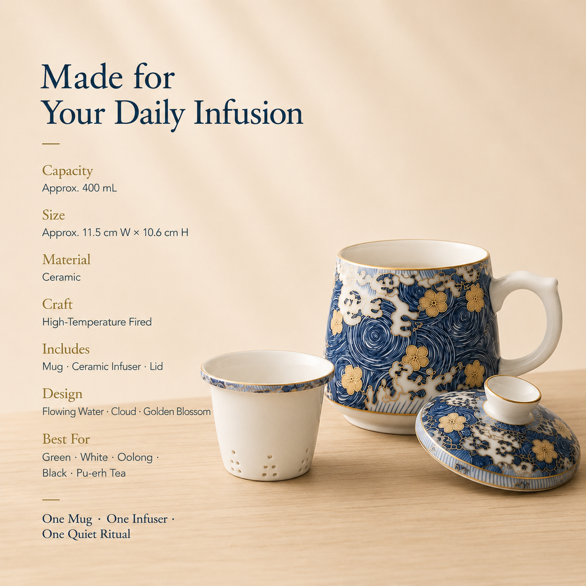 Flowing Water & Blossom Ceramic Infuser Mug – 400 mL