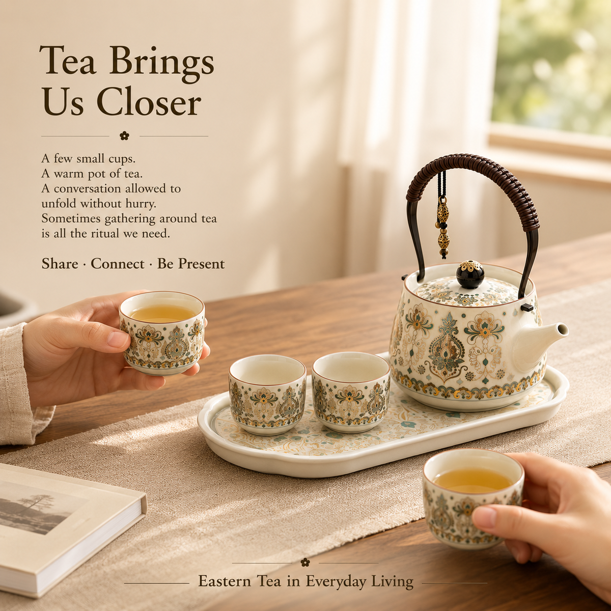 Eastern Garden Ceramic Tea Set – Teapot, 4 Cups & Tray