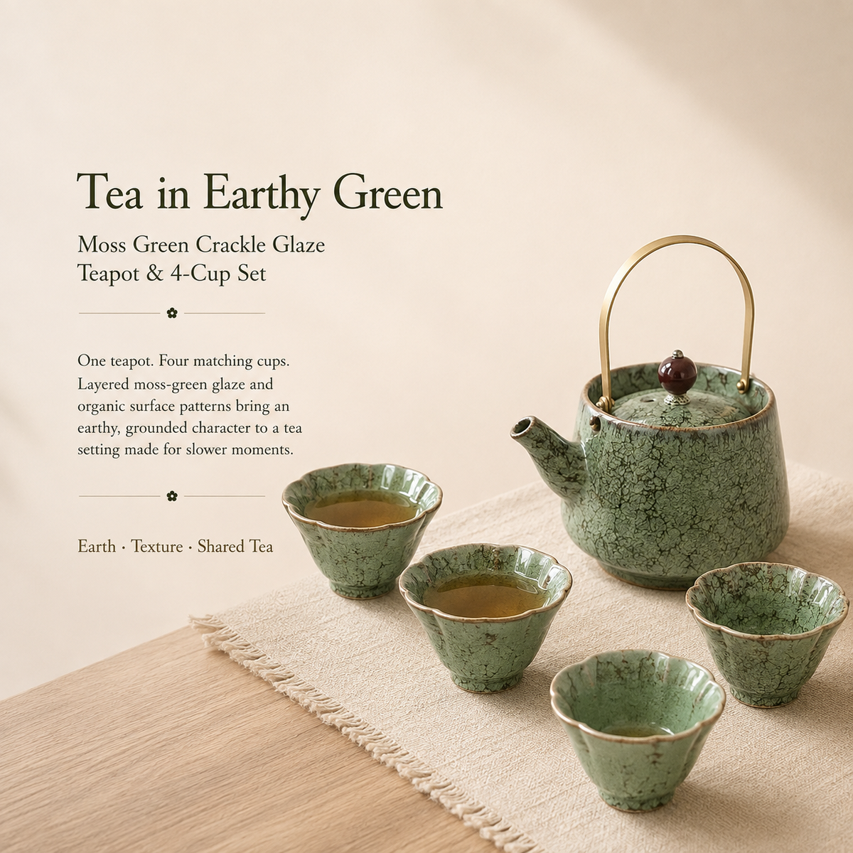 Verdant Kiln-Change Ceramic Tea Set – Teapot & 4 Cups