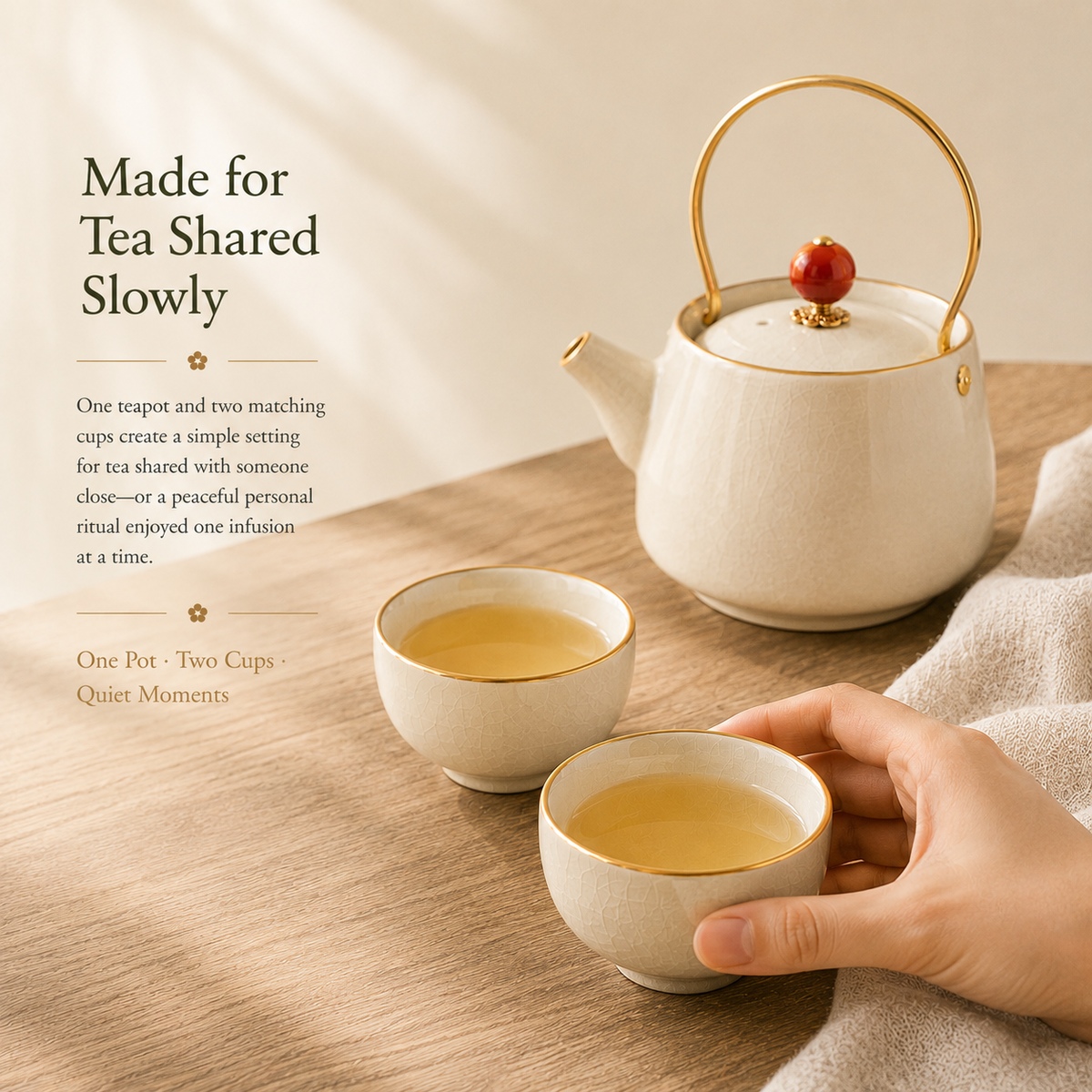Warm Ivory Ru Ware Tea Set – Teapot & 2 Cups