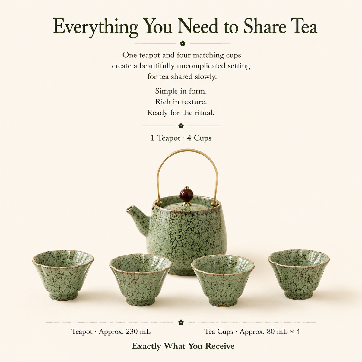 Verdant Kiln-Change Ceramic Tea Set – Teapot & 4 Cups