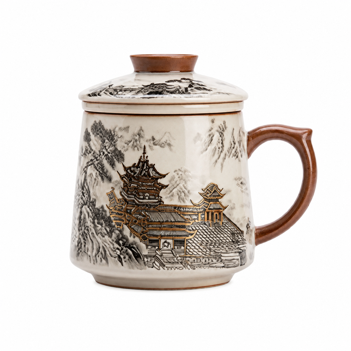 Tengwang Pavilion 365 mL ceramic infuser mug with matching lid removable tea filter and Chinese mountain landscape design
