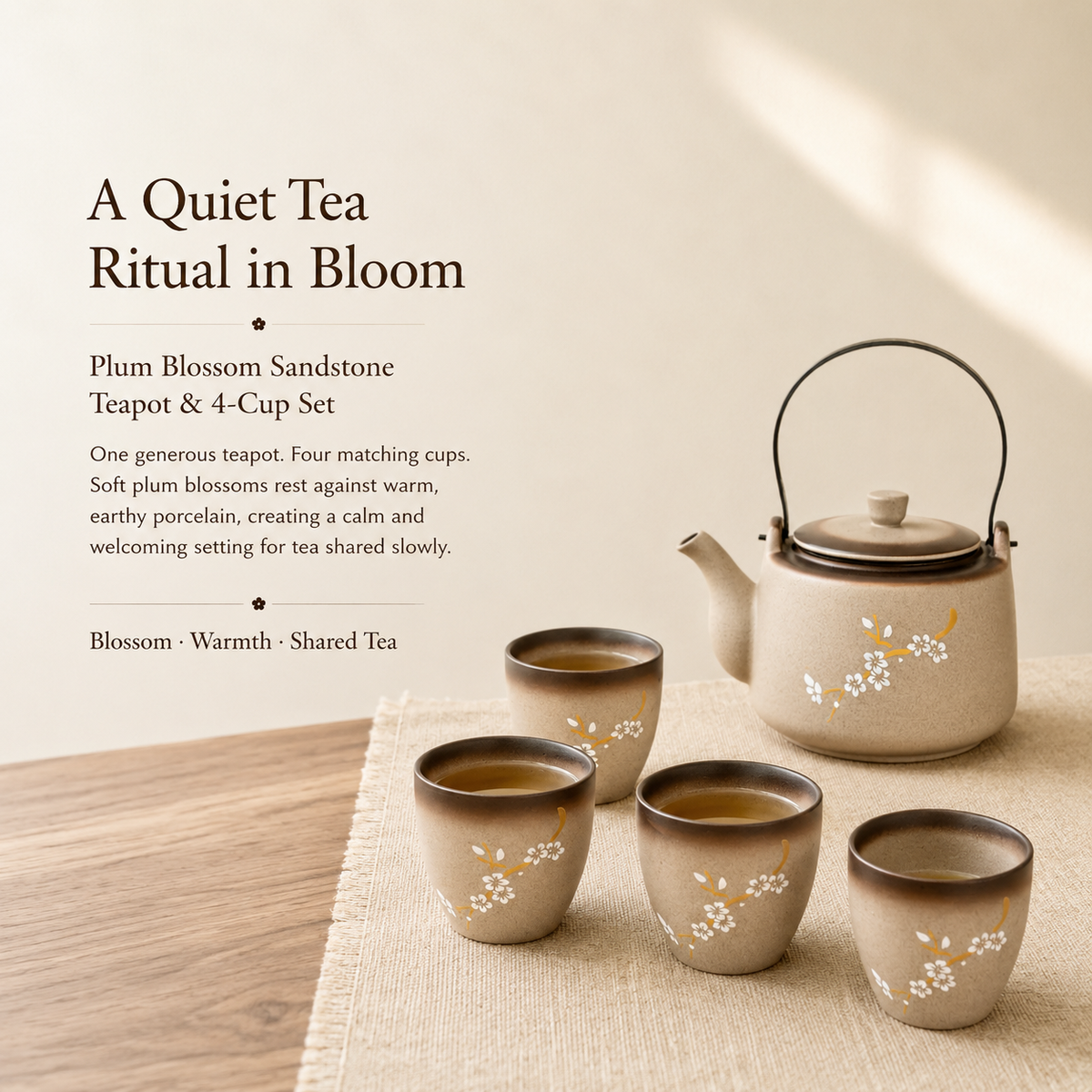 Plum Blossom Ceramic Tea Set – 650 mL Teapot & 4 Cups