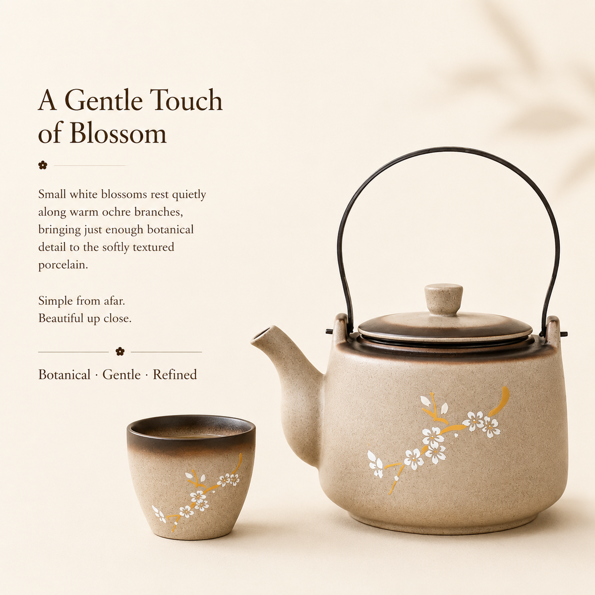 Plum Blossom Ceramic Tea Set – 650 mL Teapot & 4 Cups