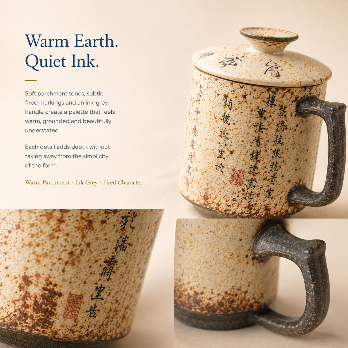 Lanting Xu Calligraphy Ceramic Infuser Mug with Lid – 320 mL