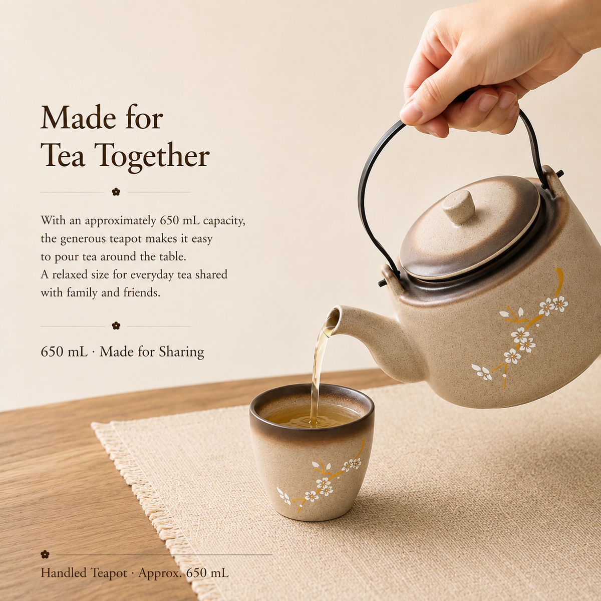 Plum Blossom Ceramic Tea Set – 650 mL Teapot & 4 Cups