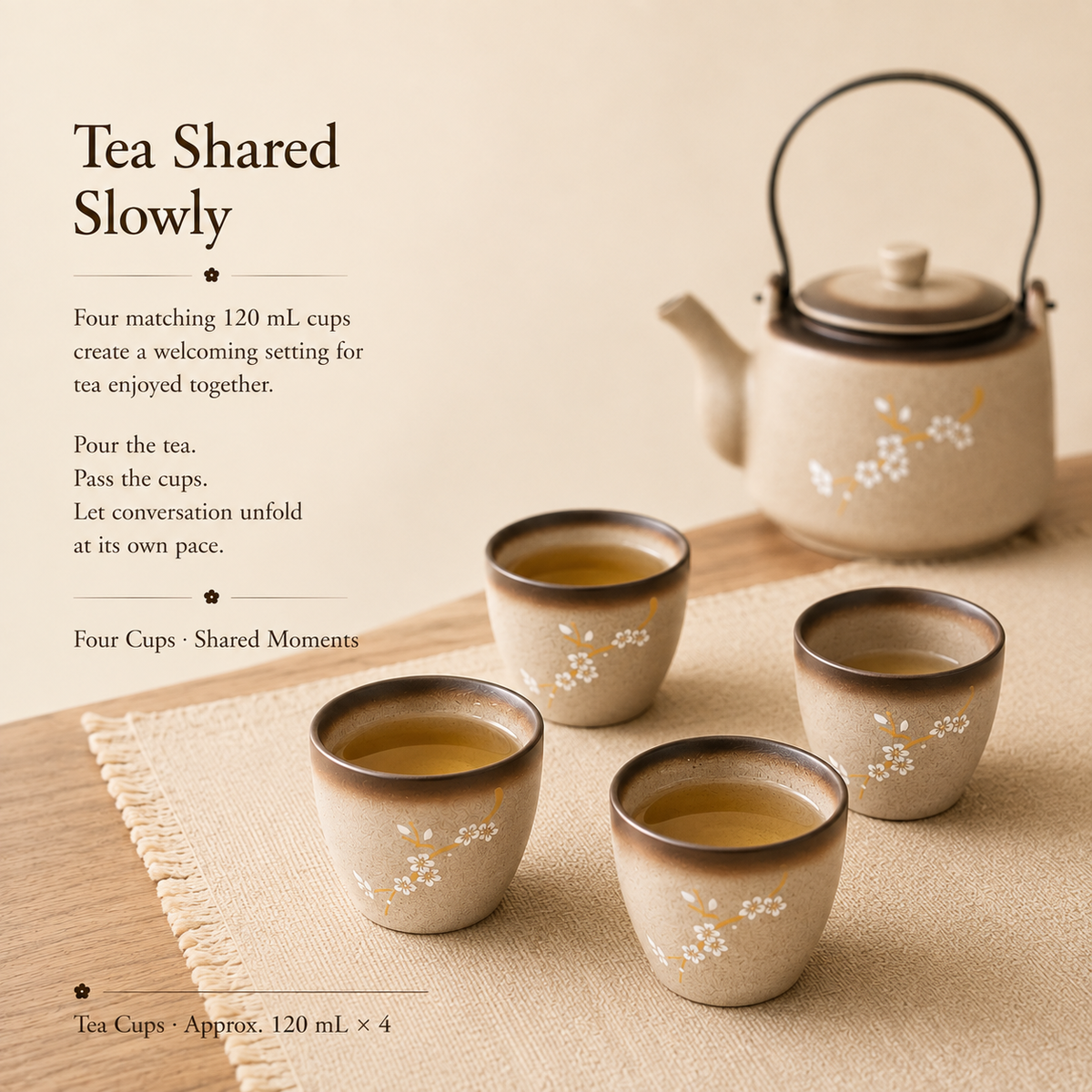 Plum Blossom Ceramic Tea Set – 650 mL Teapot & 4 Cups