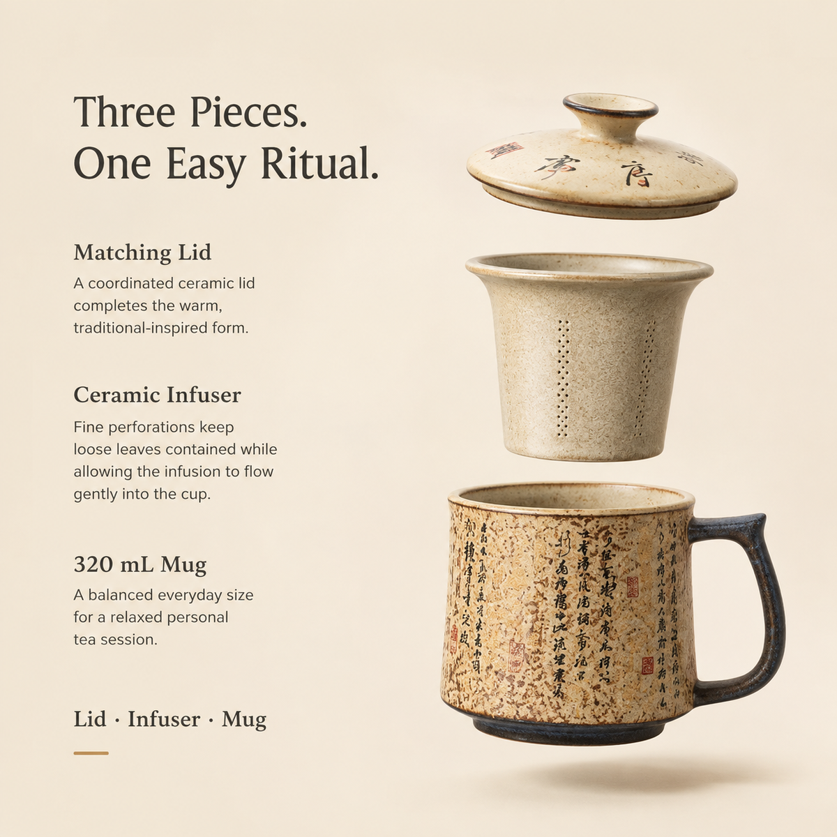 Lanting Xu Calligraphy Ceramic Infuser Mug with Lid – 320 mL
