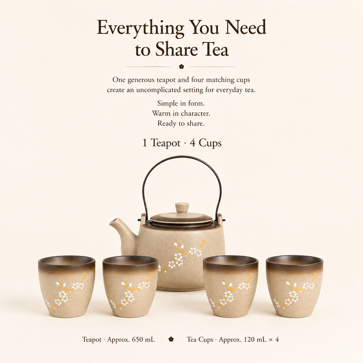 Plum Blossom Ceramic Tea Set – 650 mL Teapot & 4 Cups