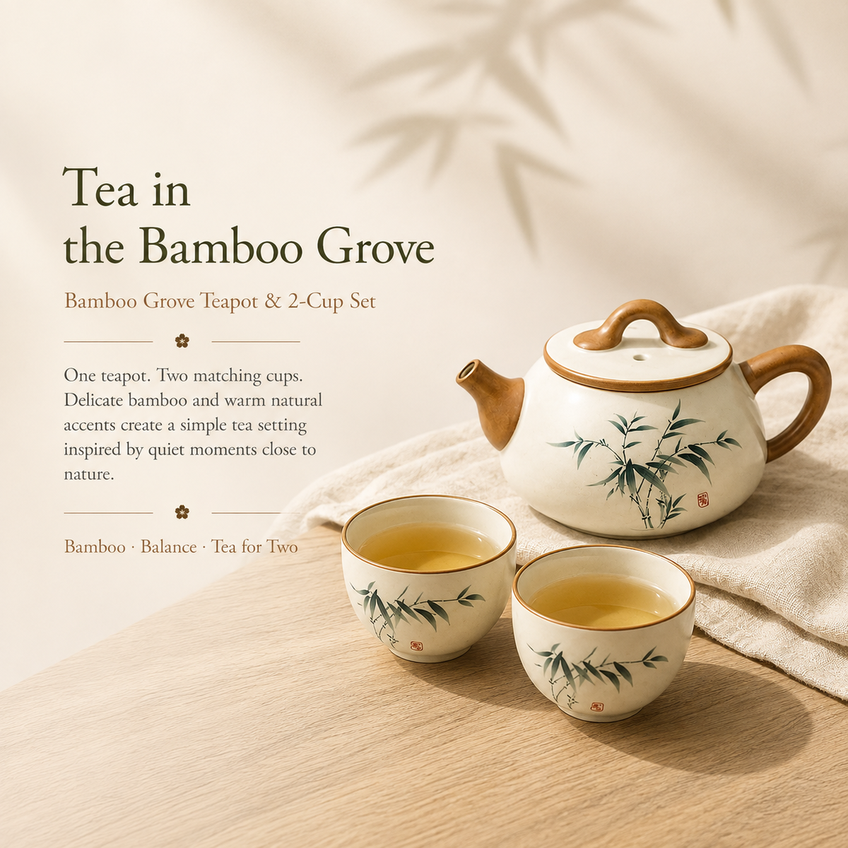 Green Bamboo Ru Ware Tea Set – Teapot & 2 Cups