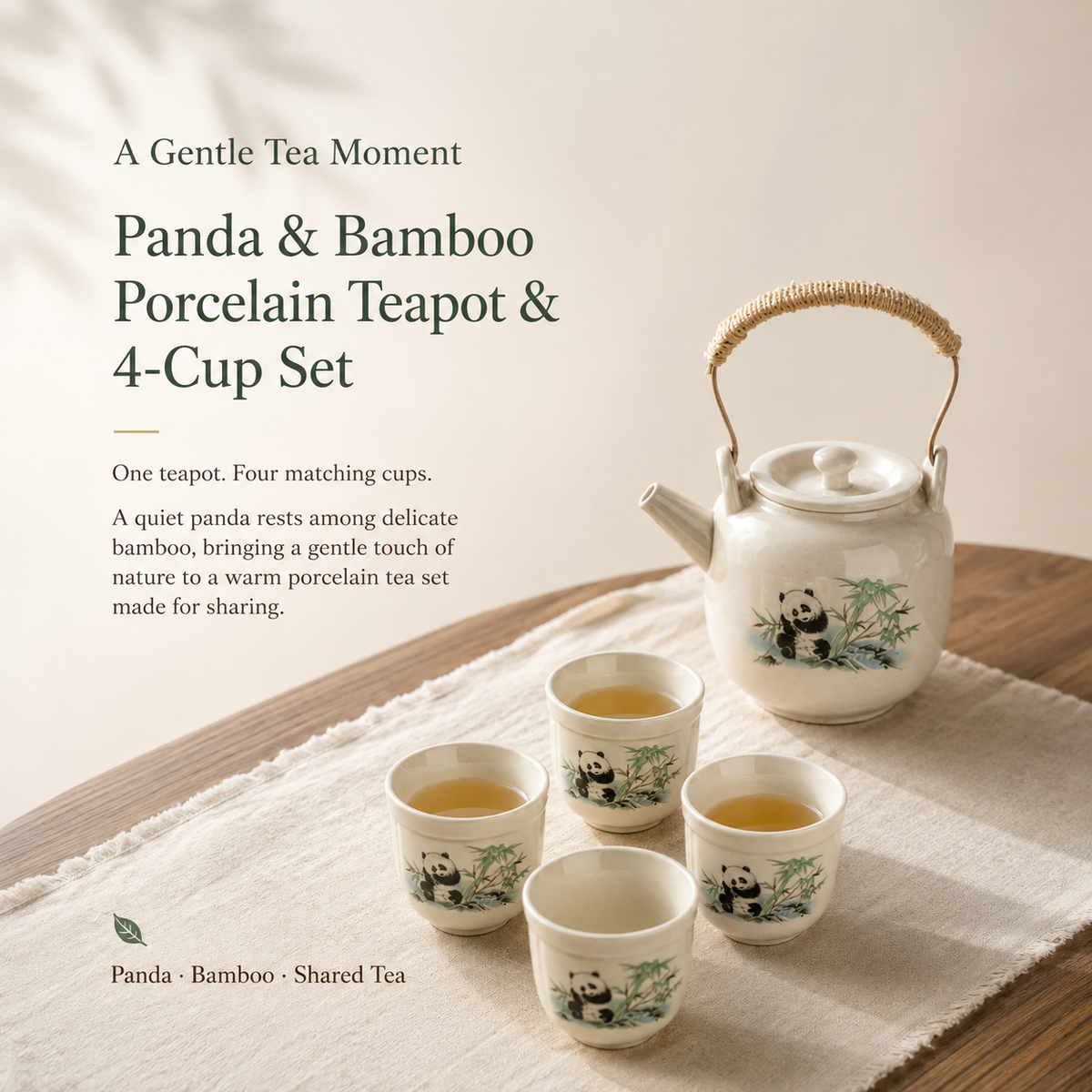 Panda & Bamboo Ceramic Tea Set – 520 mL Teapot & 4 Cups