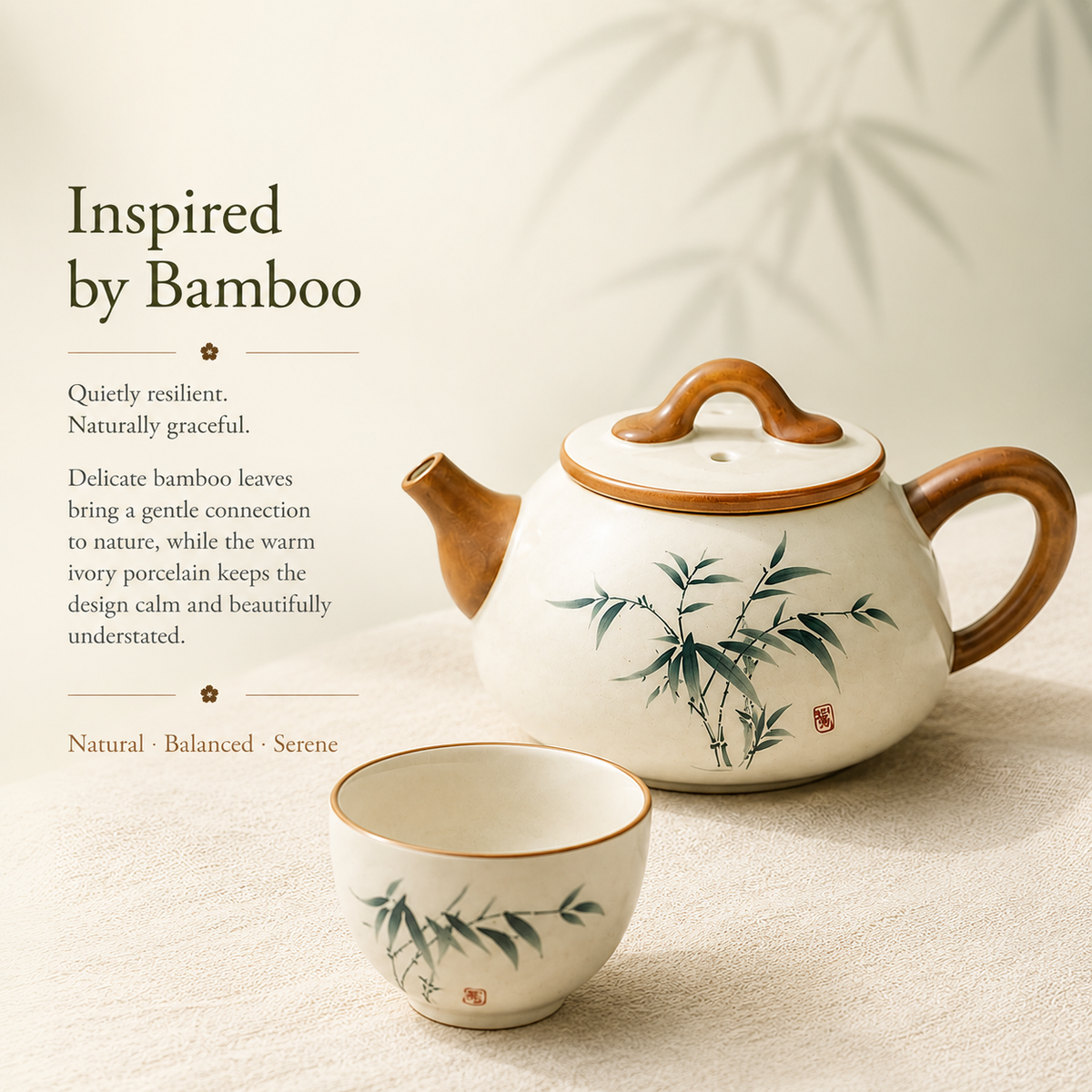 Green Bamboo Ru Ware Tea Set – Teapot & 2 Cups
