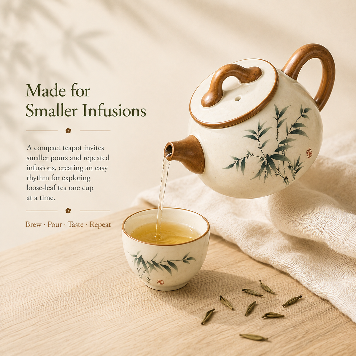 Green Bamboo Ru Ware Tea Set – Teapot & 2 Cups
