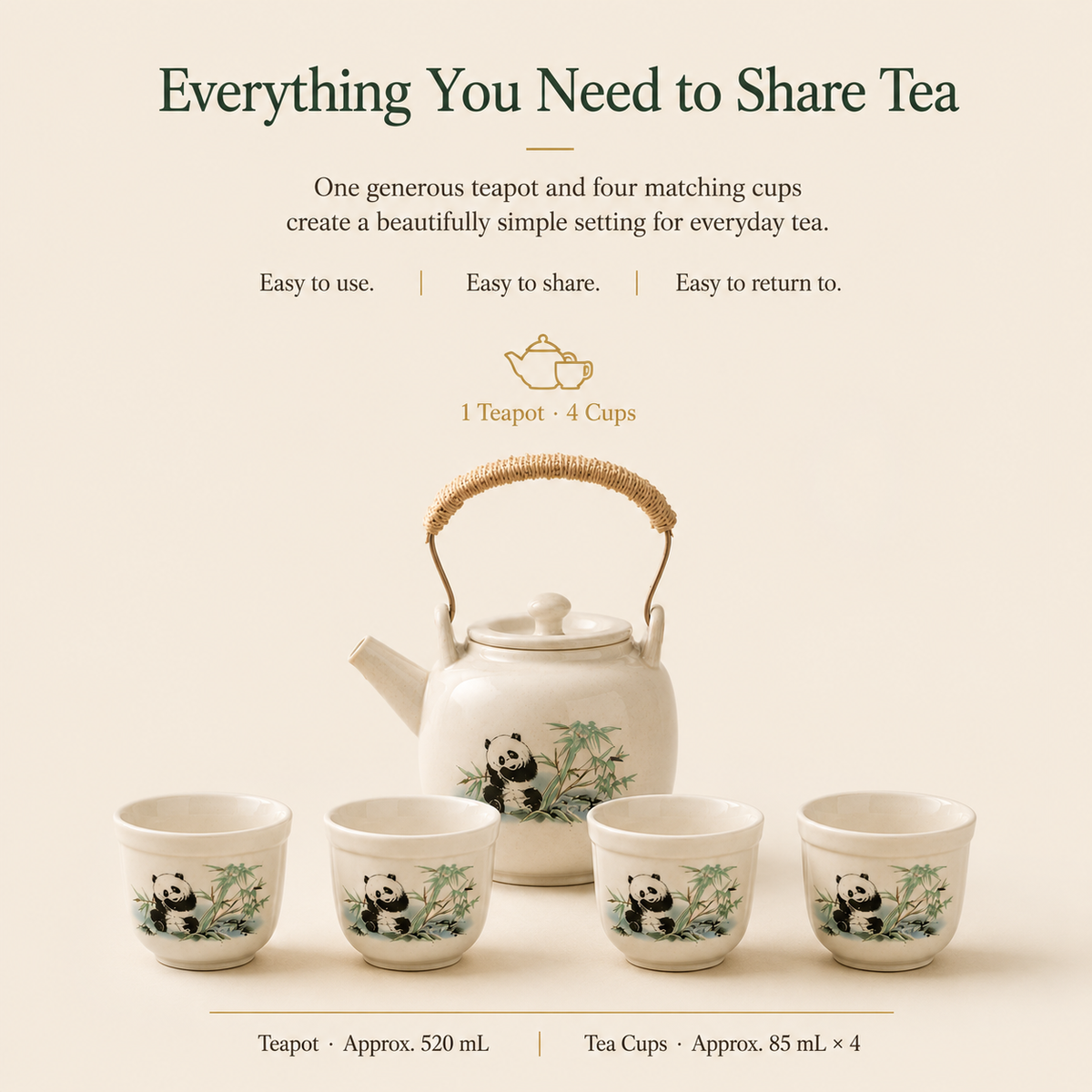 Panda & Bamboo Ceramic Tea Set – 520 mL Teapot & 4 Cups