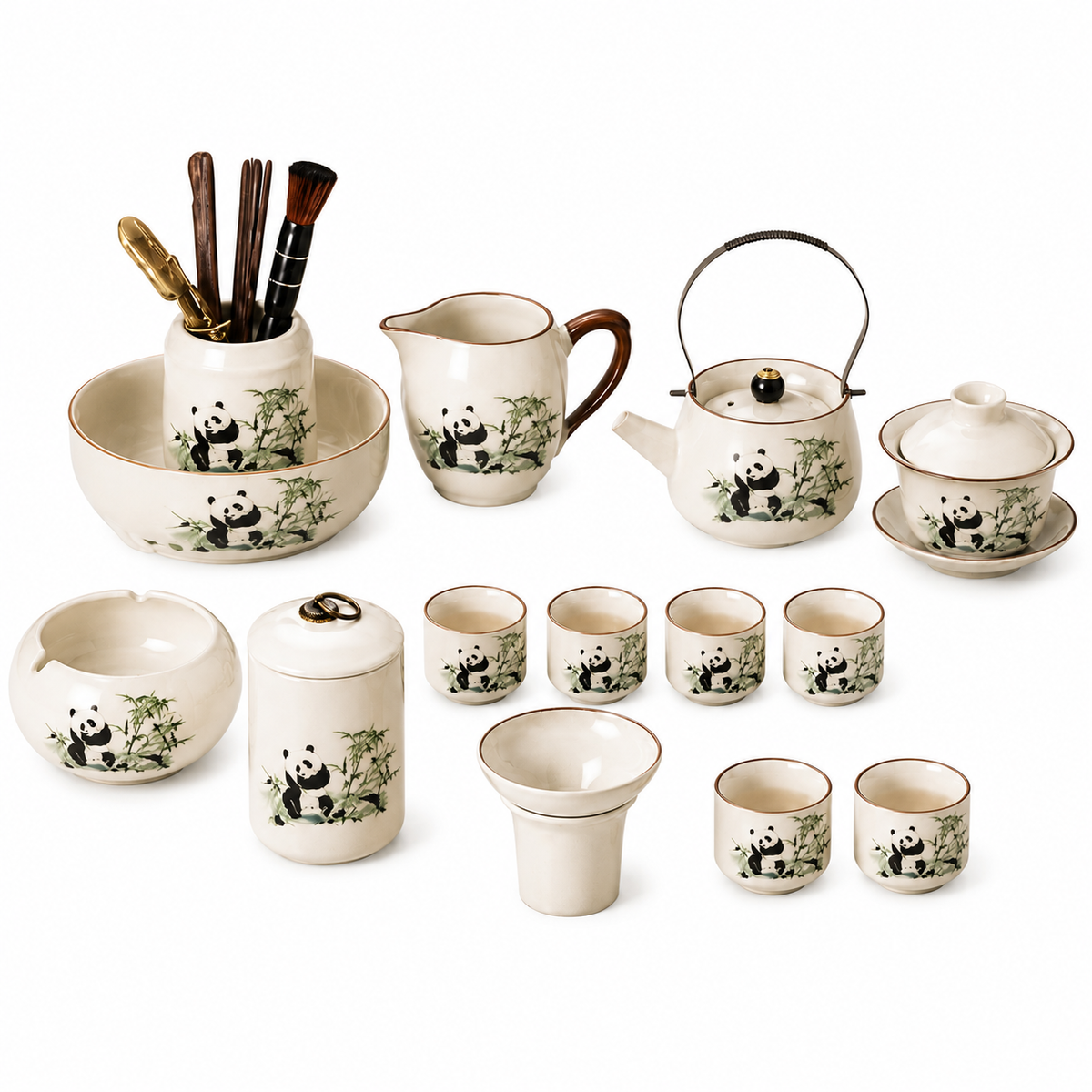 Panda and Bamboo Ru Ware Gongfu tea set with Xishi teapot, overhead-handle teapot, gaiwan, fairness pitcher and eight tasting cups