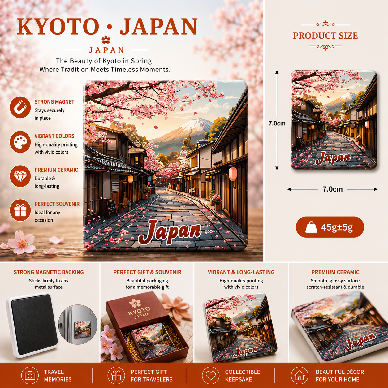 Kyoto Japan Sakura Street Ceramic Fridge Magnet – Japanese Spring Town Souvenir, Kyoto Cherry Blossom Refrigerator Magnet, Oriental Travel Gift & Zen Home Decor