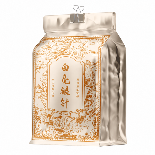 Premium Te Ji Bai Hao Yin Zhen Silver Needle White Tea 250 g with slender silver tea buds and traditional Chinese packaging