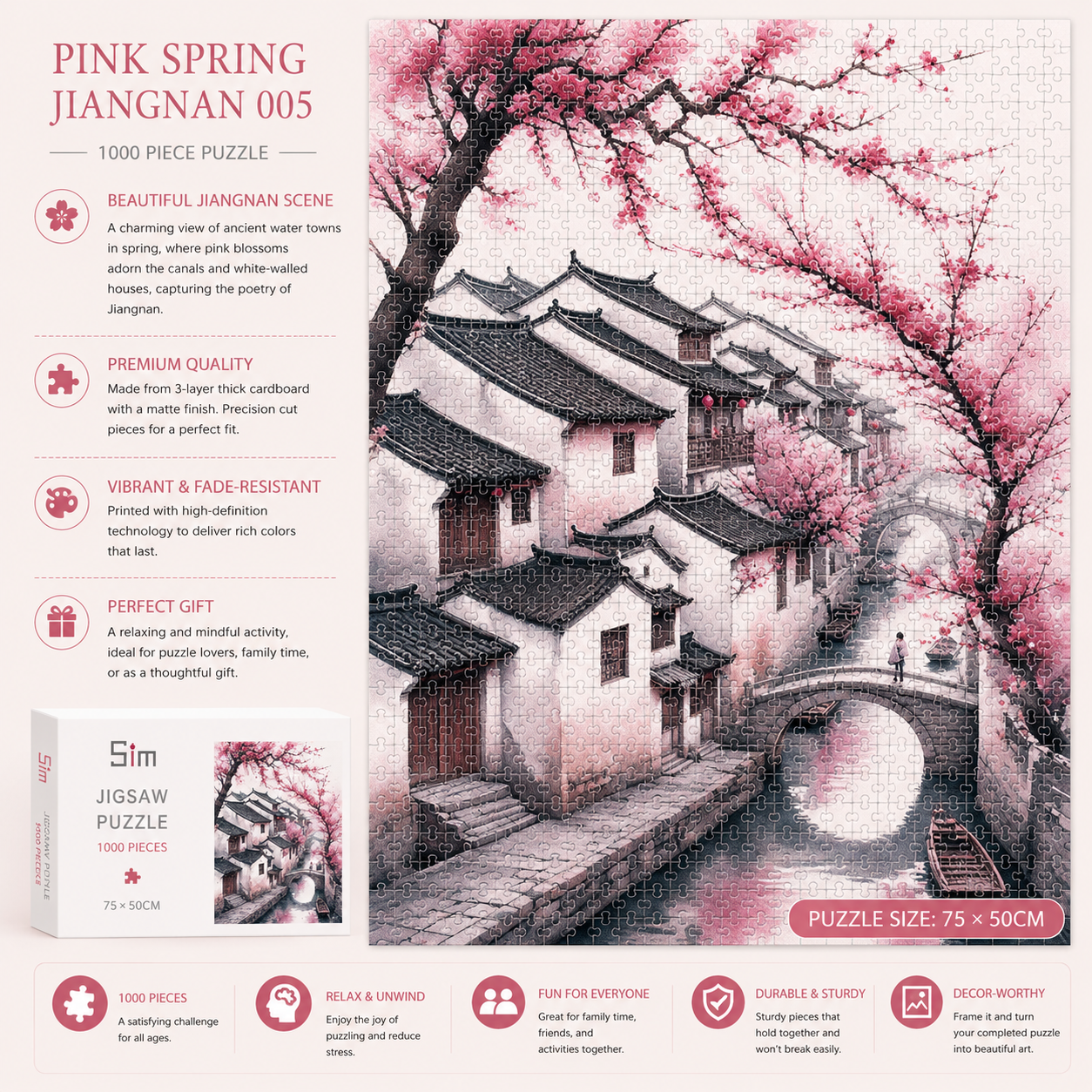 Jiangnan Cherry Blossom Puzzle – Chinese Water Town Landscape Jigsaw Puzzle, Relaxing Art Gift & Wall Decor for Adults 005