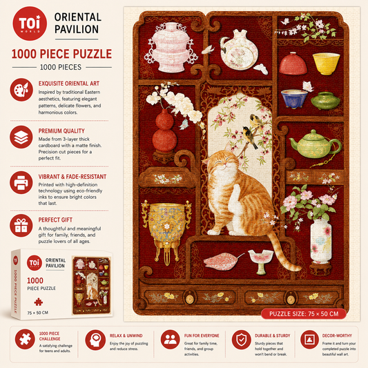 Oriental Cat Art Jigsaw Puzzle – Chinese Vintage Aesthetic Puzzle, Red Antique Cabinet Cat Wall Art, 1000 Piece Decorative Puzzle Gift for Adults
