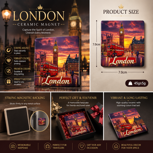 London Ceramic Fridge Magnet – British Travel Souvenir, Vintage London Decor, Big Ben Refrigerator Magnet Gift for Home & Travelers