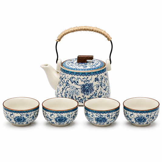 Blue Blossom ceramic tea set with 220 mL overhead-handle teapot and four matching 50 mL blue floral tea cups