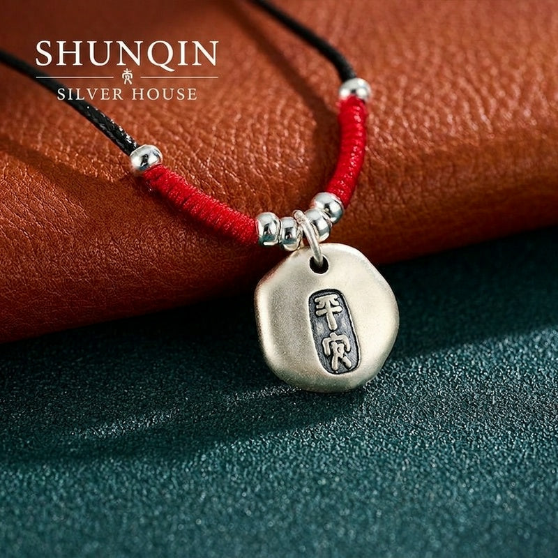 999 Pure Silver Peace & Blessing Pendant Necklace – Minimalist Chinese Lucky Charm Necklace, Adjustable Red Cord Feng Shui Jewelry