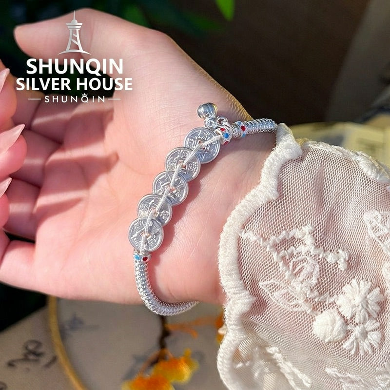 925 Pure Silver Lucky Coin Bracelet – Chinese Feng Shui Wealth Bracelet, Vintage Fortune Charm Jewelry for Women