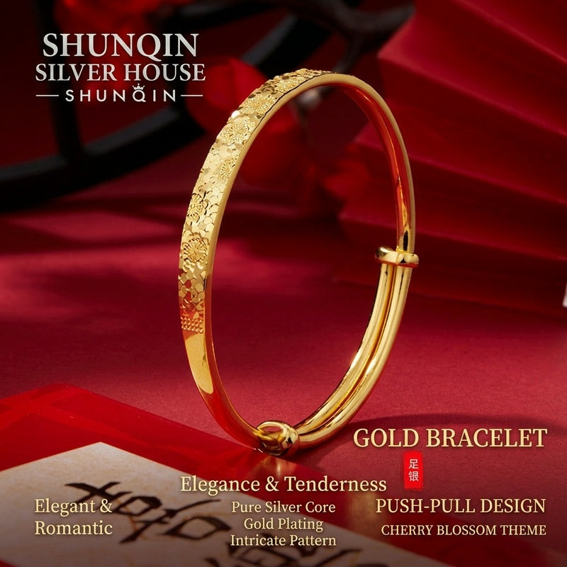 925 Pure Silver Sakura Adjustable Bangle – Vintage Chinese Floral Bracelet, Luxury Gold Tone Push-Pull Cuff Jewelry for Women