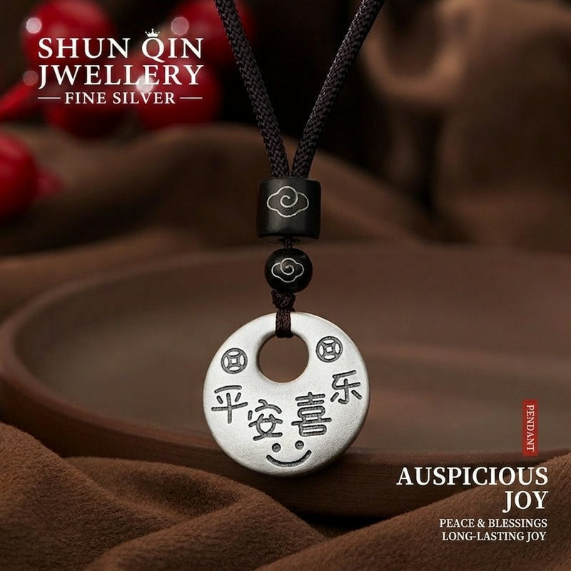 925 Pure Silver Peace & Joy Pendant Necklace – Chinese Lucky Blessing Necklace, Minimalist Oriental Spiritual Jewelry for Women & Men