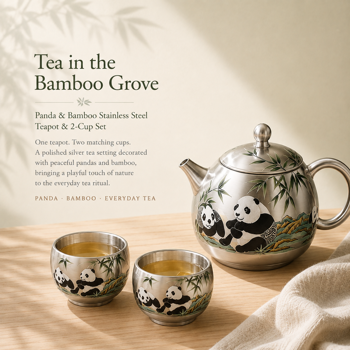 Panda & Bamboo Silver-Toned Tea Set – Teapot & 2 Cups